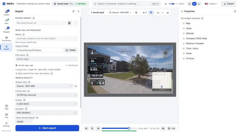 The MAPu Export drawer: output folder, file name, output size (Source · 854×480), frame rate, codec (H.264), encoder (NVENC), bitrate and the Start export button, next to the video preview with the widgets and the Output bar above it.