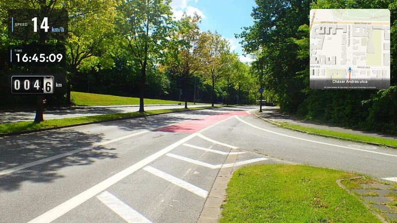A photo of a city road with a red cycle lane and a row of trees; speed (14 km/h), time (16:45:09) and a drum odometer (4.6 km) top left, a street map with street names and the position arrow top right.
